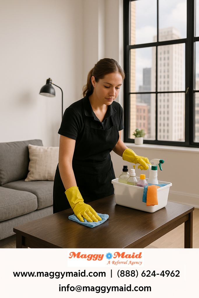 Professional house cleaner in Downtown LA wiping a coffee table in a high-rise apartment.
