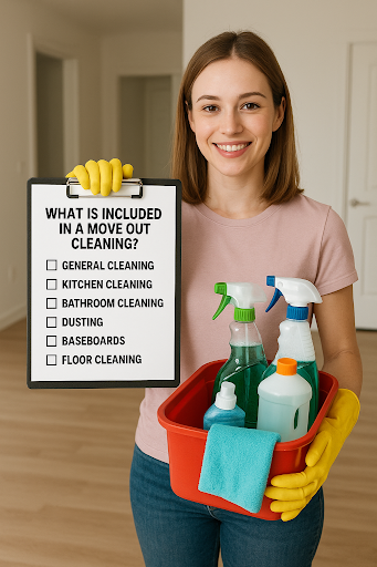 Smiling woman holding cleaning supplies and checklist showing what’s included in a move out cleaning.
