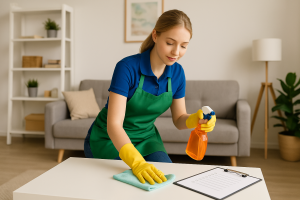 a house cleaner wiping a table with spray bottle and cloth in a modern living room for professional house cleaning