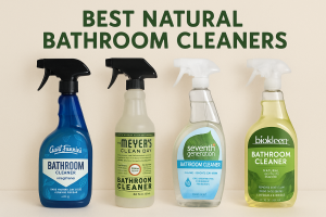 Four bottles of natural bathroom cleaners including Aunt Fannie’s, Mrs. Meyer’s, Seventh Generation, and Biokleen arranged side by side.