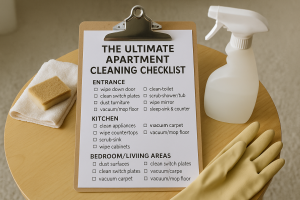 Apartment cleaning checklist on a clipboard with sponge, spray bottle, towel, and gloves.