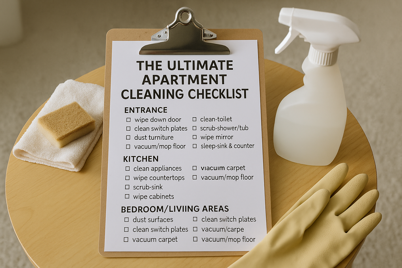 Apartment cleaning checklist on a clipboard with sponge, spray bottle, towel, and gloves.